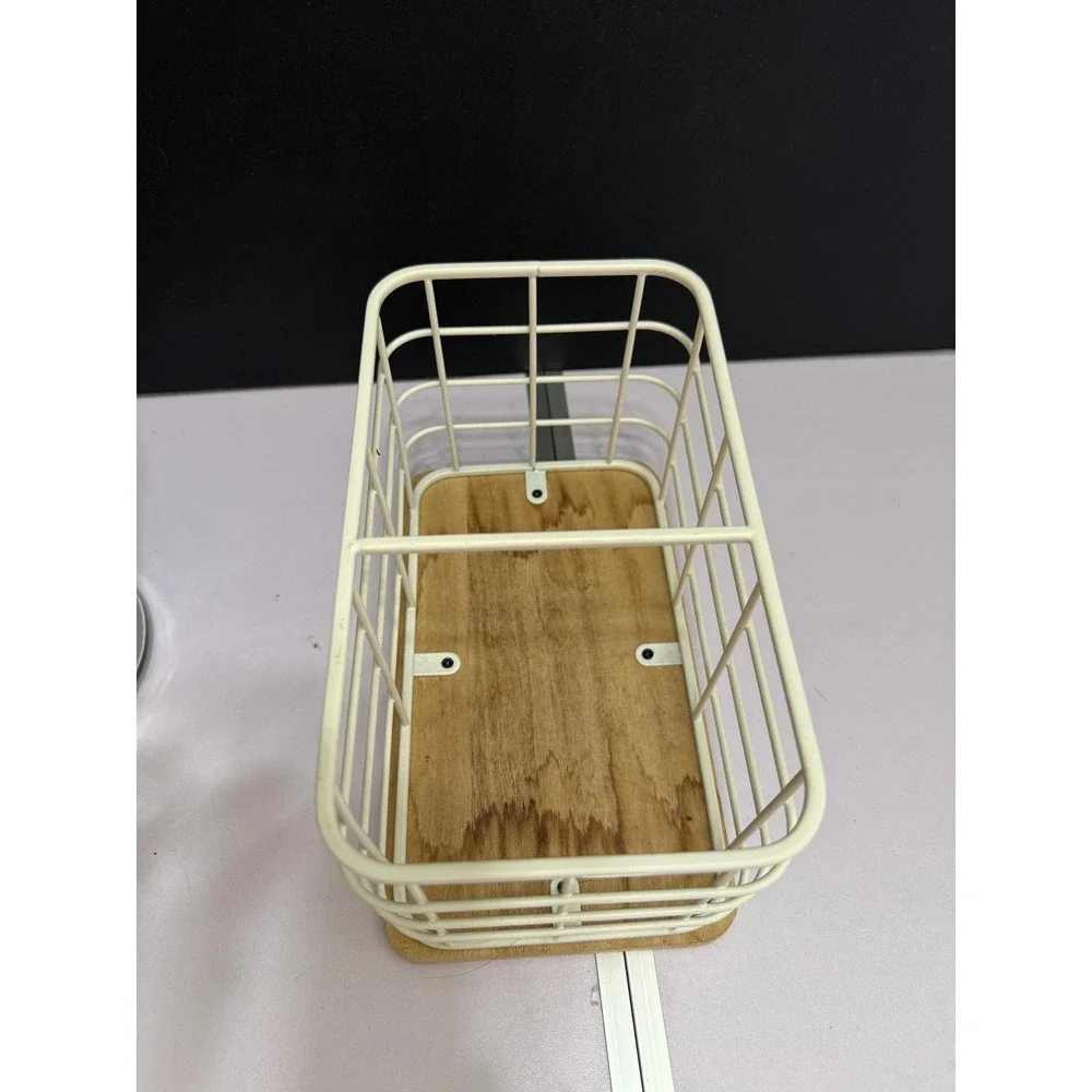 Small‎ White Coated Wire Storage Basket Wood Base Farmhouse Organizer